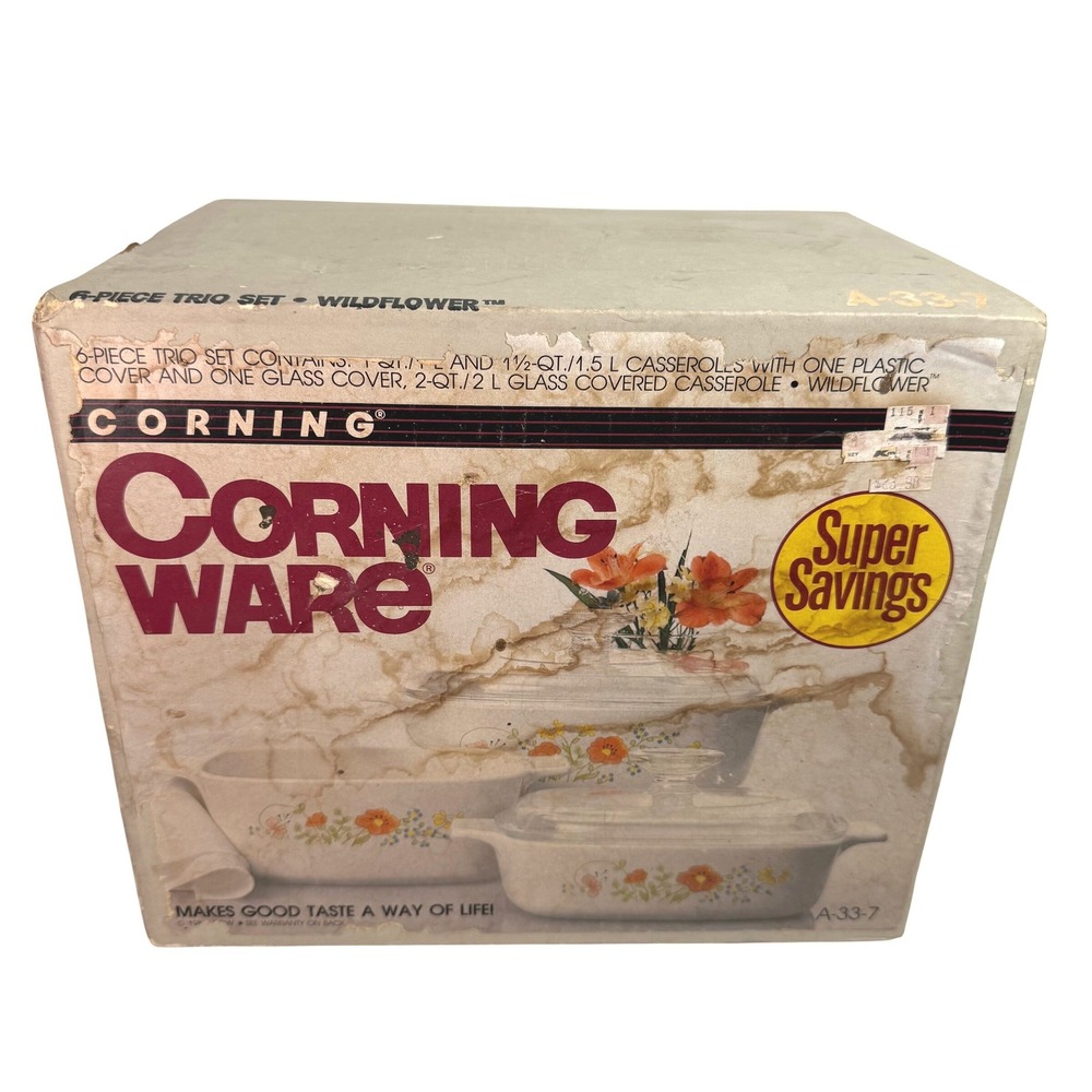 Corning Ware 6pc Wildflower Casserole Dish Lid Set Factory Sealed NIB 1980s